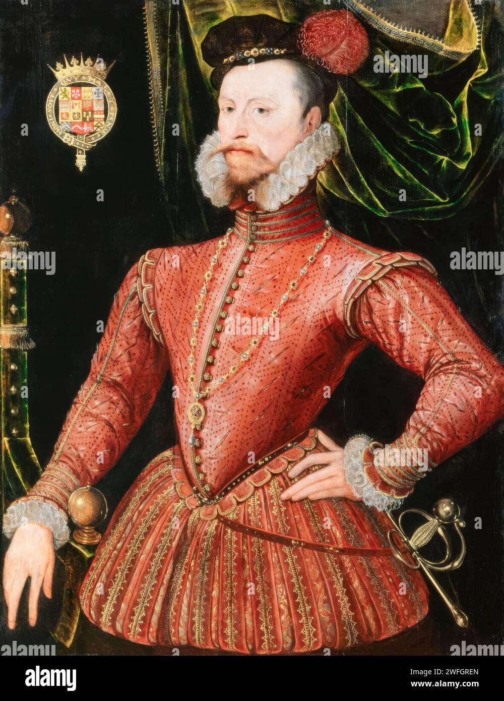Robert Dudley, 1. Earl of Leicester (1532–1588), Porträtgemälde in Öl auf Tafel, um 1575 Stockfoto