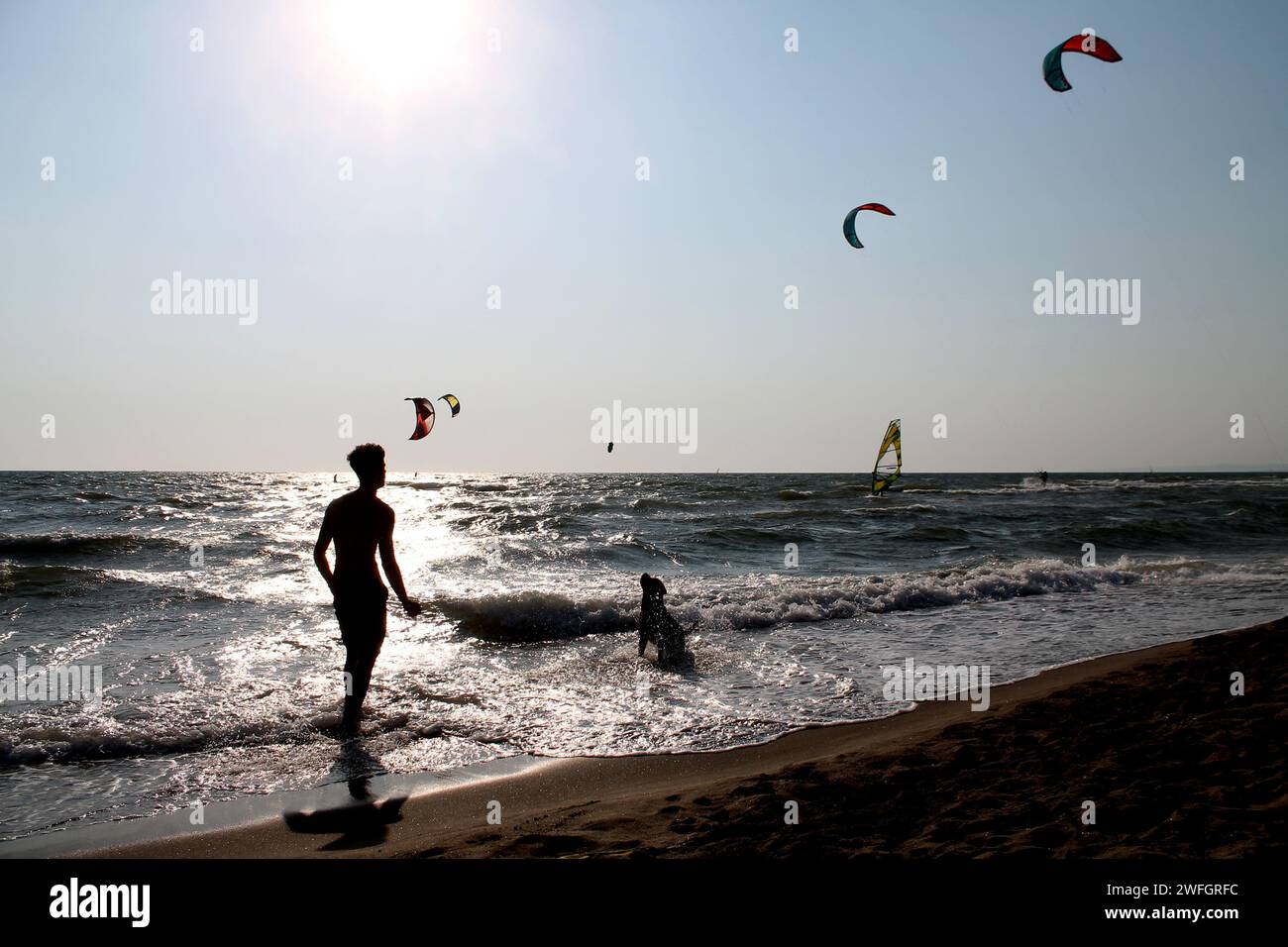 Aquiloni al tramonto sul Stute, Sabaudia Stockfoto
