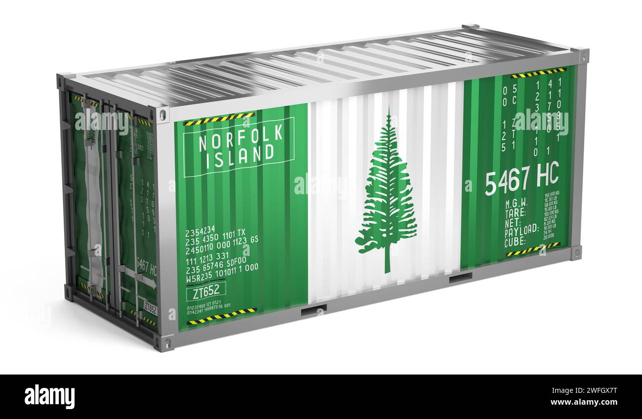 Frachtcontainer mit Nationalflagge von Norfolk Island auf weißem Hintergrund - 3D-Illustration Stockfoto