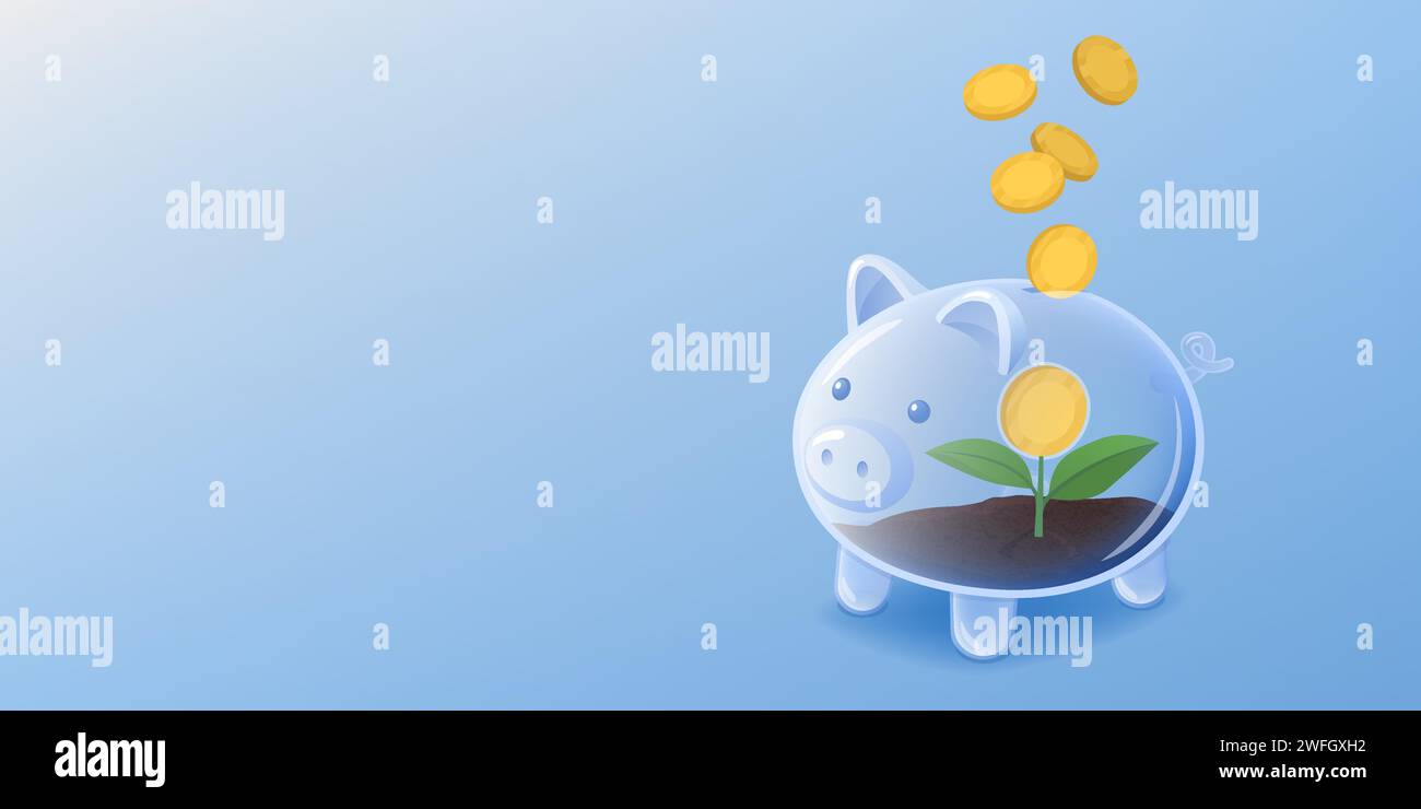 Münzen, die in eine Sparkasse fallen und Pflanzen wachsen: Erfolgreiche Investitionen, Einlagen- und Bankkonzept, Banner mit Kopierraum Stock Vektor