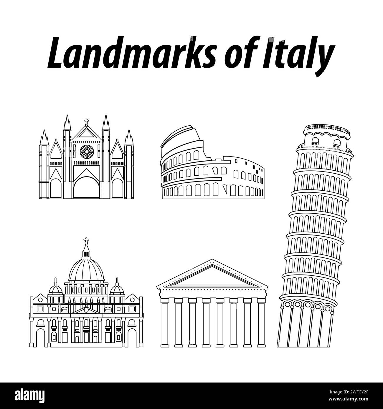 Bündel von berühmten Wahrzeichen Italiens durch Silhouette Umrissstil, Vektor-Illustration Stock Vektor