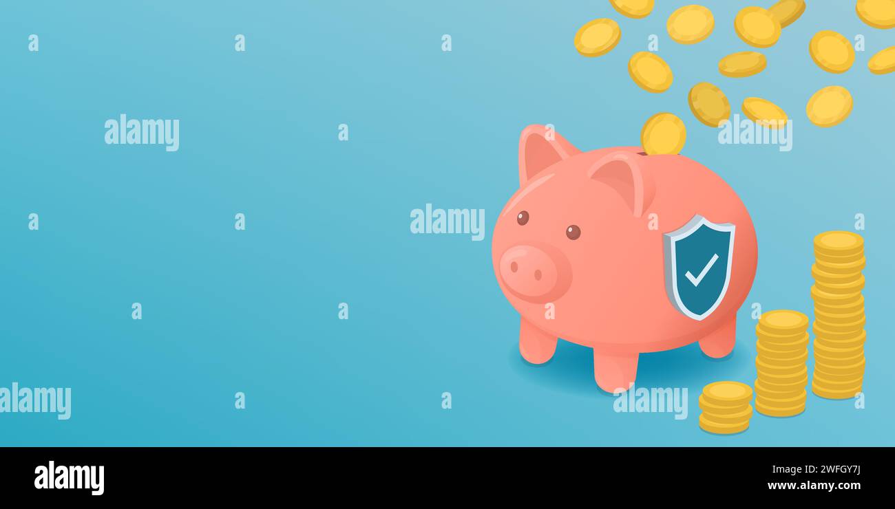 Münzen, die in eine Sparkasse fallen: Erfolgreiche Investitionen, Einlagen- und Bankkonzept, Banner mit Kopierraum Stock Vektor