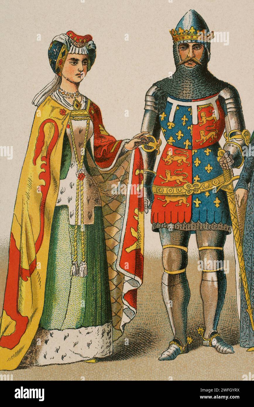 Edward of Woodstock (1330–1376), bekannt als „der Schwarze Prinz“. Duke of Cornwall (1337–1376) und Prince of Wales (1343–1376). Edward mit einer Dame. Chromolithographie. "Historia Universal", von César Cantú. Band VI, 1885. Stockfoto