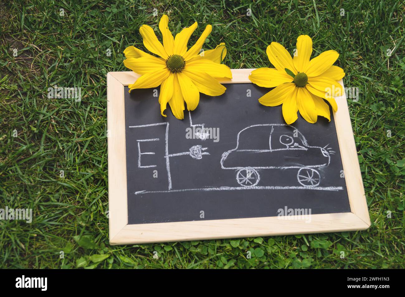 Schwarze Tafel mit einem gezogenen Elektroauto an einer Ladestation und gelben Blüten, Symbolbild Stockfoto