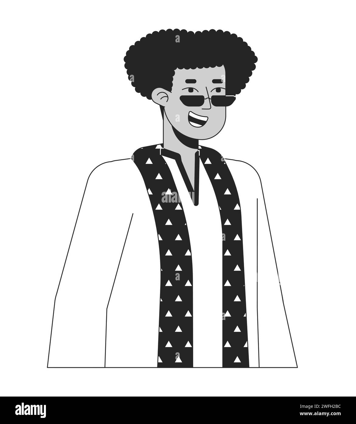 Traditionelle Kurta hispanic Mann Sonnenbrille schwarz-weiß 2D-Linie Cartoon Charakter Stock Vektor