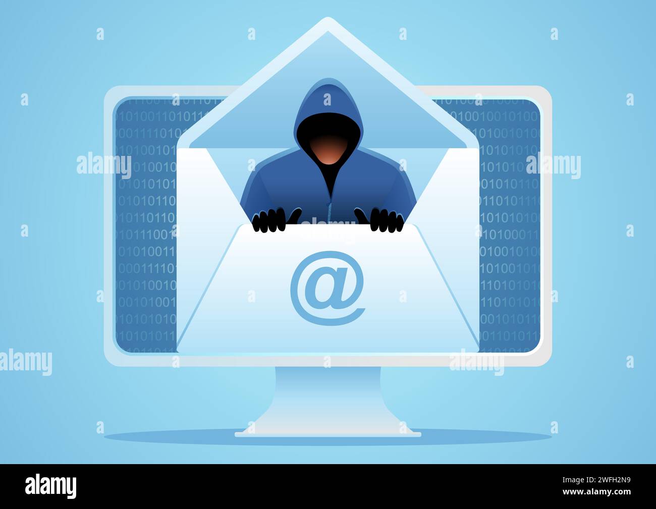 Dieb kommt aus einem Umschlag, Hacker, Betrug, Phishing-E-Mail-Konzept, Vektorillustration Stock Vektor