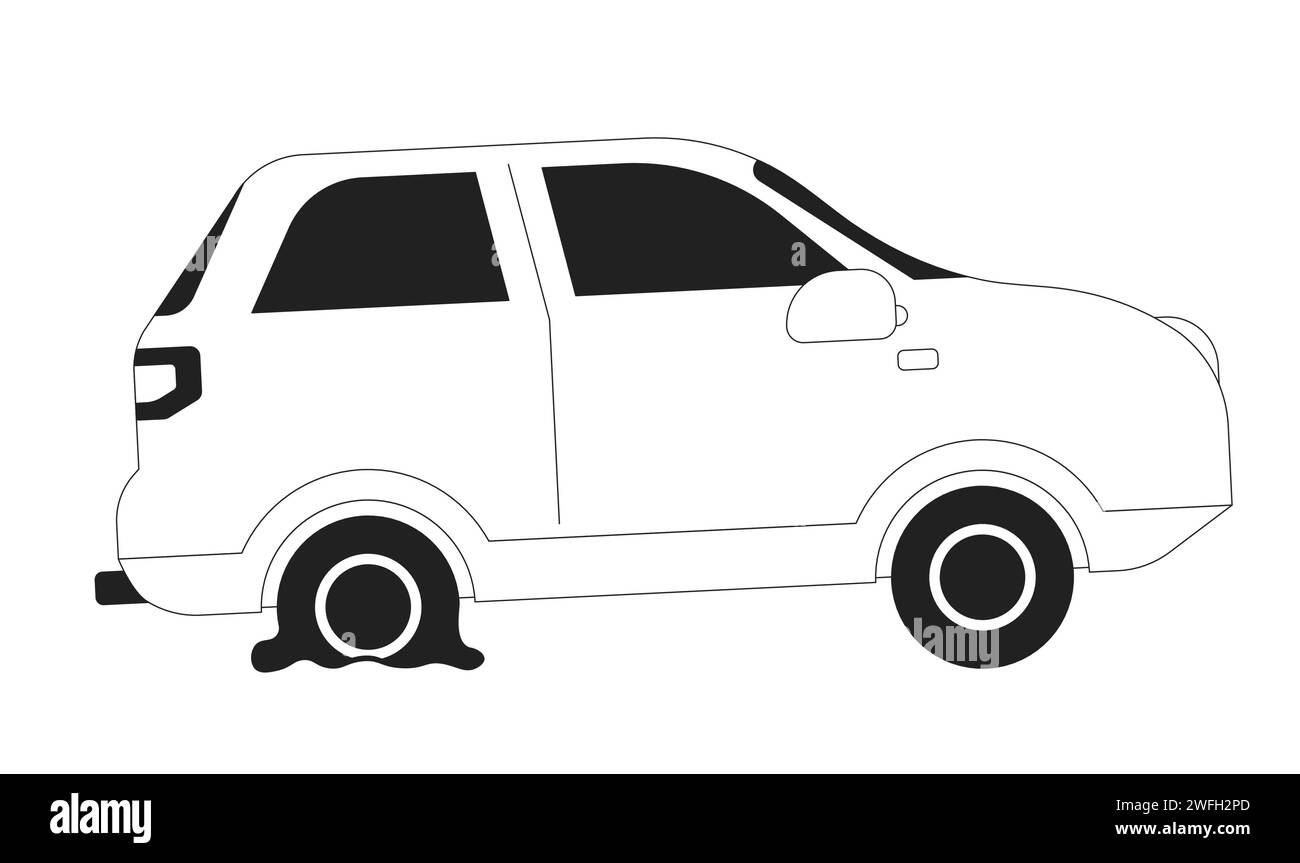 Unfallauto mit flachem Reifen schwarz-weißem 2D-Zeichentrickobjekt Stock Vektor