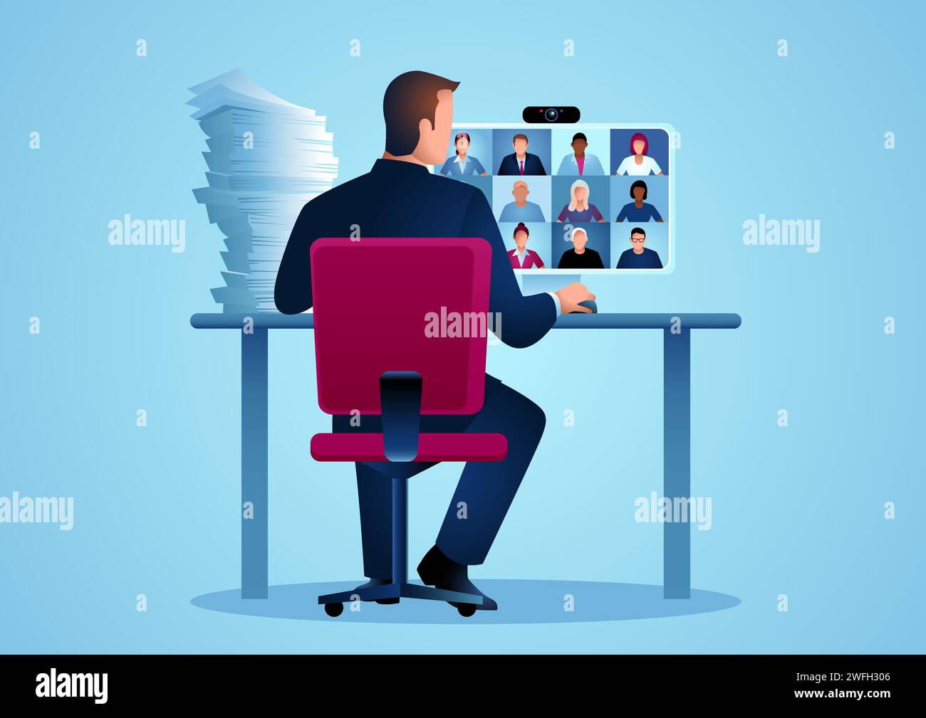 Geschäftsvektor-Illustration einer Geschäftsmann-Figur, die eine Videokonferenz mit einer Gruppe von Personen führt Stock Vektor