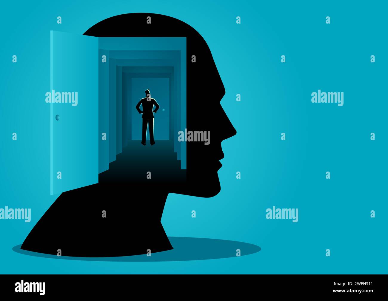 Der Mensch geht tiefer in den menschlichen Geist durch mehrere Türen, versteht den menschlichen Geist, die Psychologie des Menschen, Vektorillustration Stock Vektor