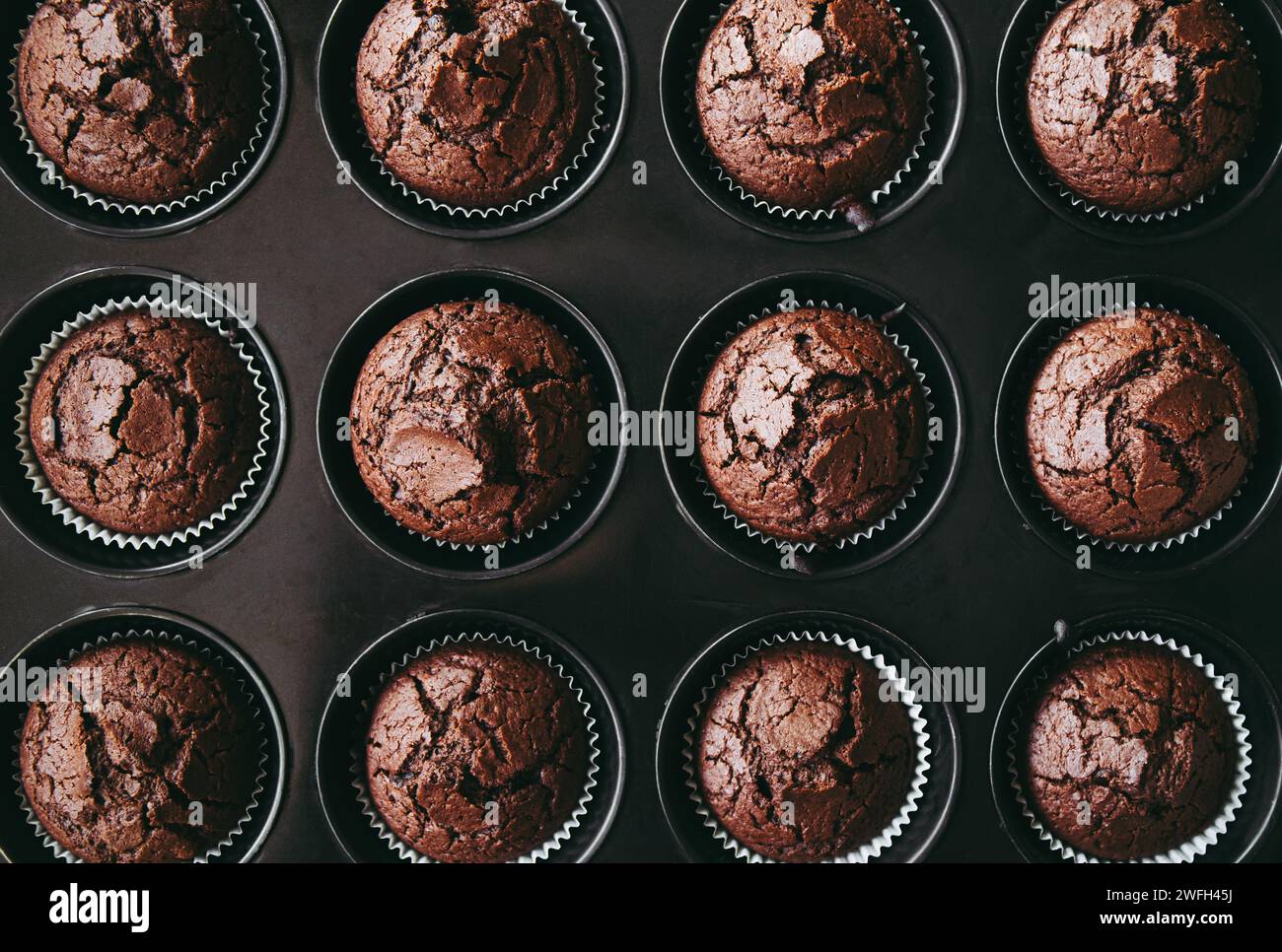Über dem Blick auf kleine gebackene Schokoladenmuffins in der Muffinpfanne im Haus. Kreativer Hintergrund. Stockfoto