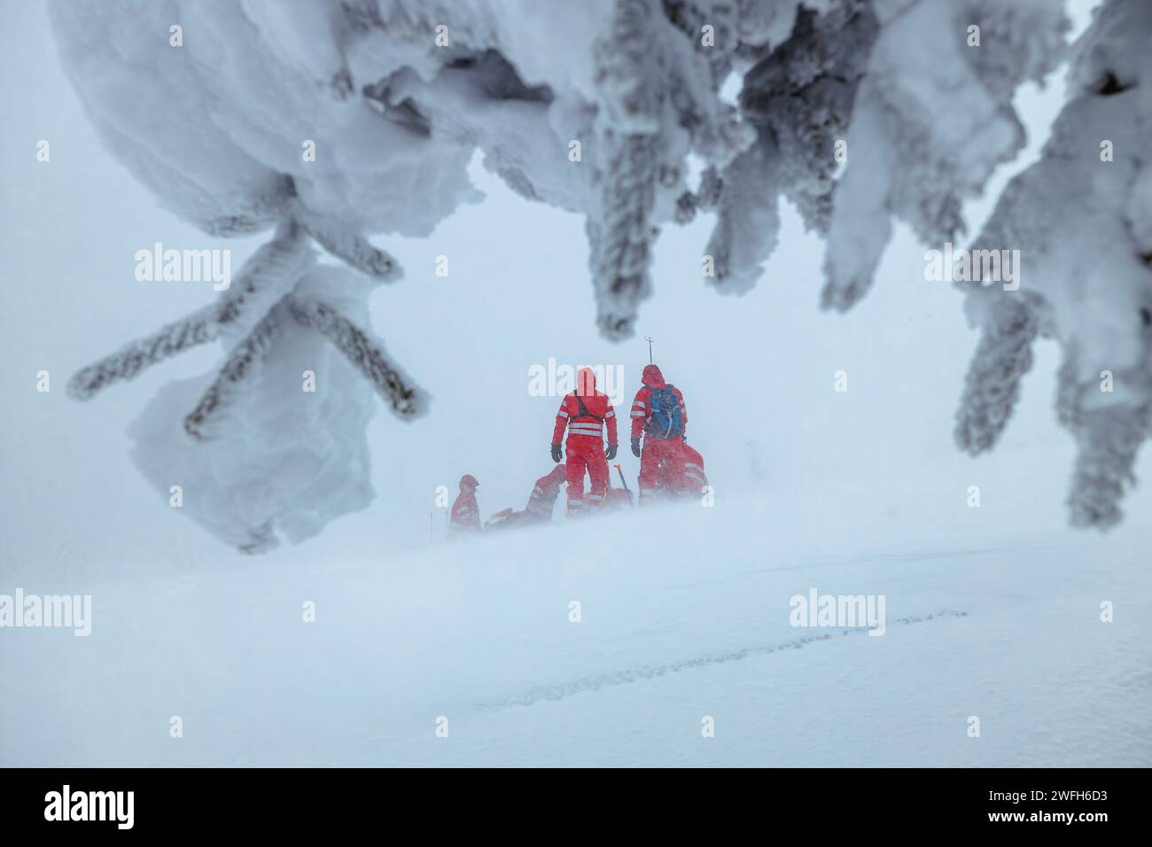 Sanitäter-Team des Rettungsdienstes, das im Winter während des Schneesturms in den Bergen hilft. Themen retten bei extremen Wetterbedingungen. Stockfoto