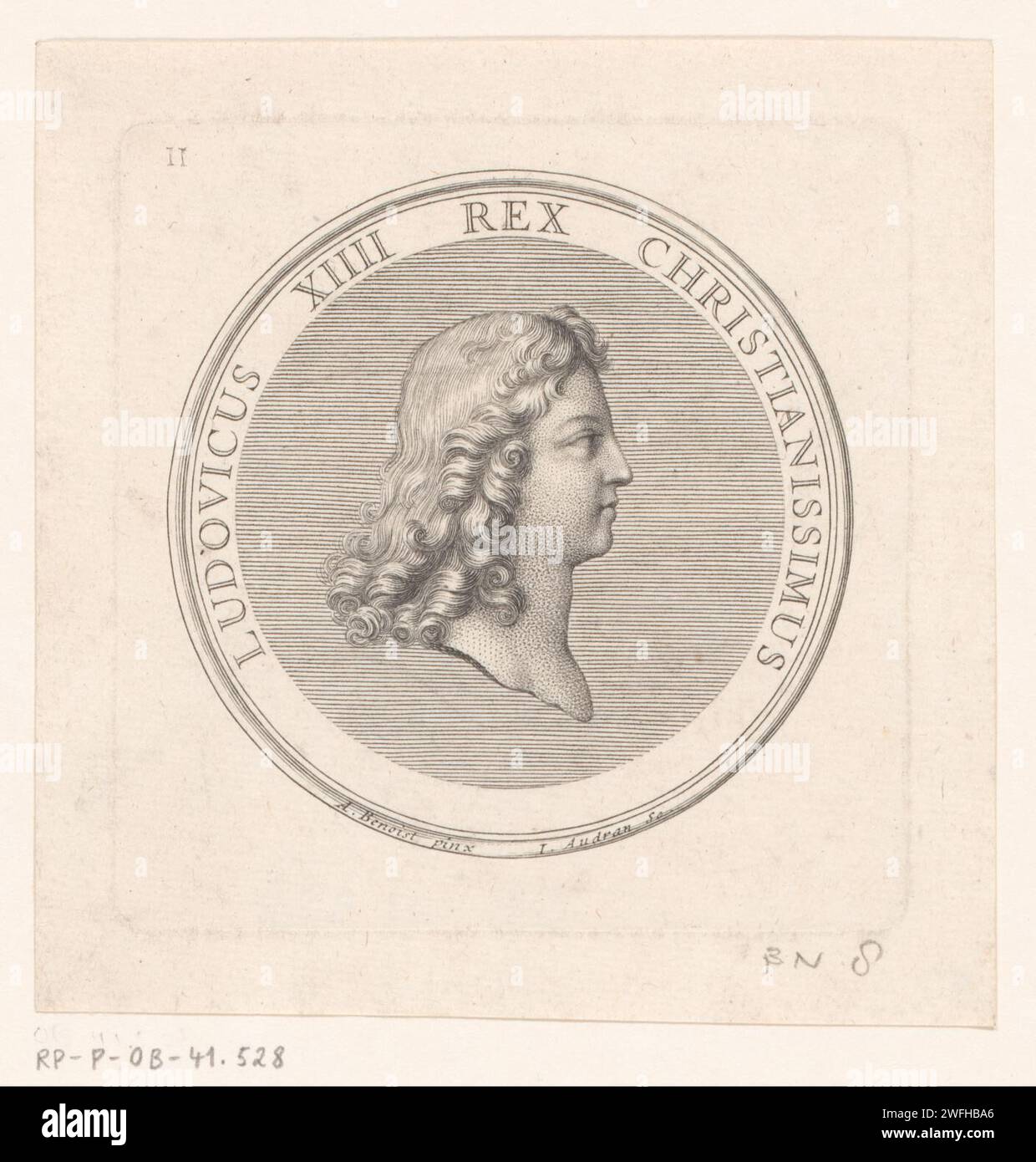 Medaillon mit Porträt von Ludwig XIV., Jean Audran, nach Antoine Benoist, 1731 - 1756 Druck Nummered II Frankreich Papier, das historische Personen ätzt. Ornament  Medaillon Stockfoto