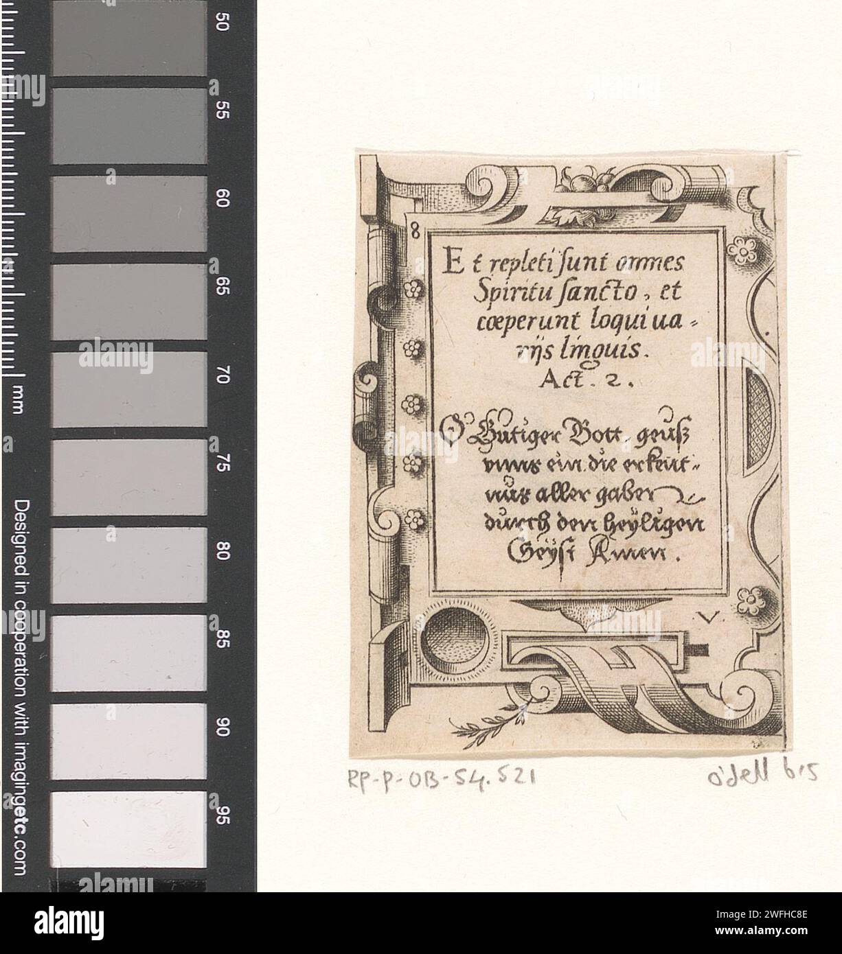 Gebet in lateinischer und deutscher Sprache in einem Rollenwerk, Virgilius Solis, 1568 Druck oben links: 8. Nürnberger Papiergravur / Ätzung Scrollwerk, Strapwork ~ Ornament Stockfoto