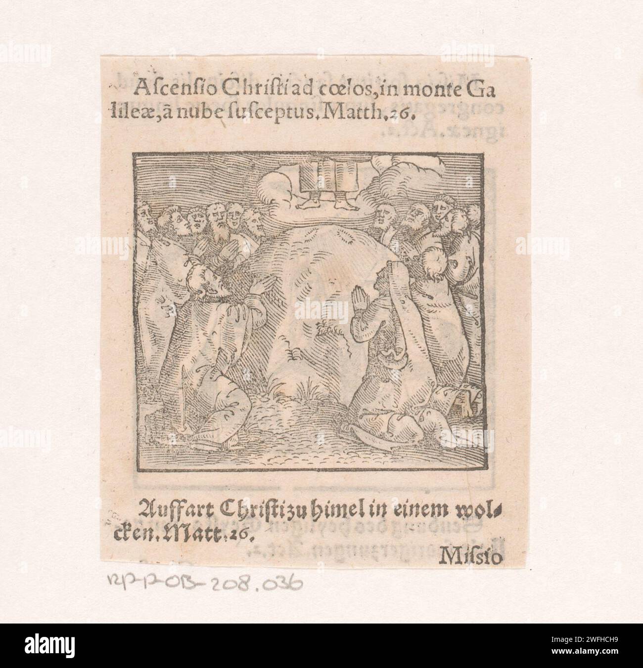 Himmelfahrt Christi, 1600–1699 Druck die Jünger knieten um einen Felsen, auf dem die Fußspuren Christi zu sehen sind. Alle blicken zum Himmel, wo in den Wolken die Füße und der Boden des Gewandes Christi noch sichtbar sind. Niederlande Papier Buchdruck Christ fast verschwunden: Nur Füße sichtbar  Aufstieg Stockfoto