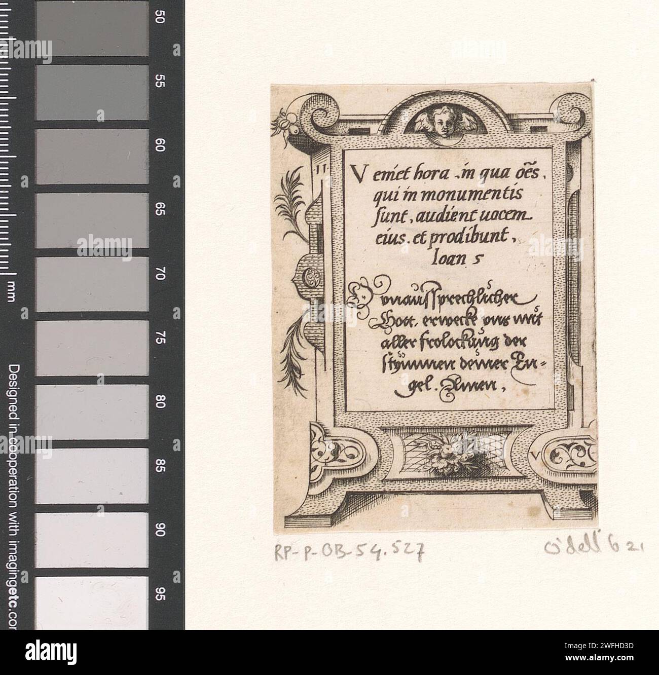 Gebet in lateinischer und deutscher Sprache in einem Rollenwerk, Vergilius Solis, 1568 Druck oben links: 11. Nürnberger Papiergravur / Ätzung Scrollwerk, Strapwork  Ornament Stockfoto Gebet in lateinischer und deutscher Sprache in einem Rollenwerk, Vergilius Solis, 1568 Druck oben links: 11. Nürnberger Papiergravur / Ätzung Scrollwerk, Strapwork  Ornament Stockfoto