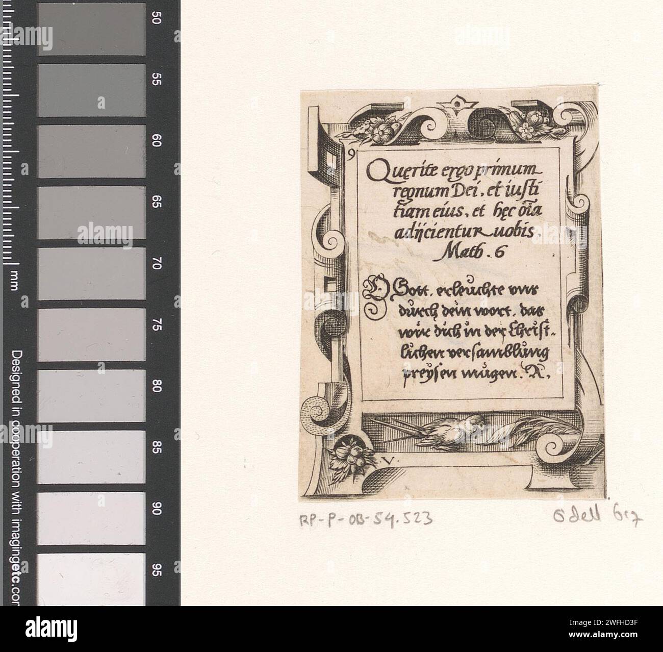 Gebet in lateinischer und deutscher Sprache in einem Rollenwerk, Virgilius Solis, 1568 Druck oben links: 9. Matthäus 6:33. Nürnberger Papiergravur / Ätzung Scrollwerk, Strapwork  Ornament Stockfoto Gebet in lateinischer und deutscher Sprache in einem Rollenwerk, Virgilius Solis, 1568 Druck oben links: 9. Matthäus 6:33. Nürnberger Papiergravur / Ätzung Scrollwerk, Strapwork  Ornament Stockfoto