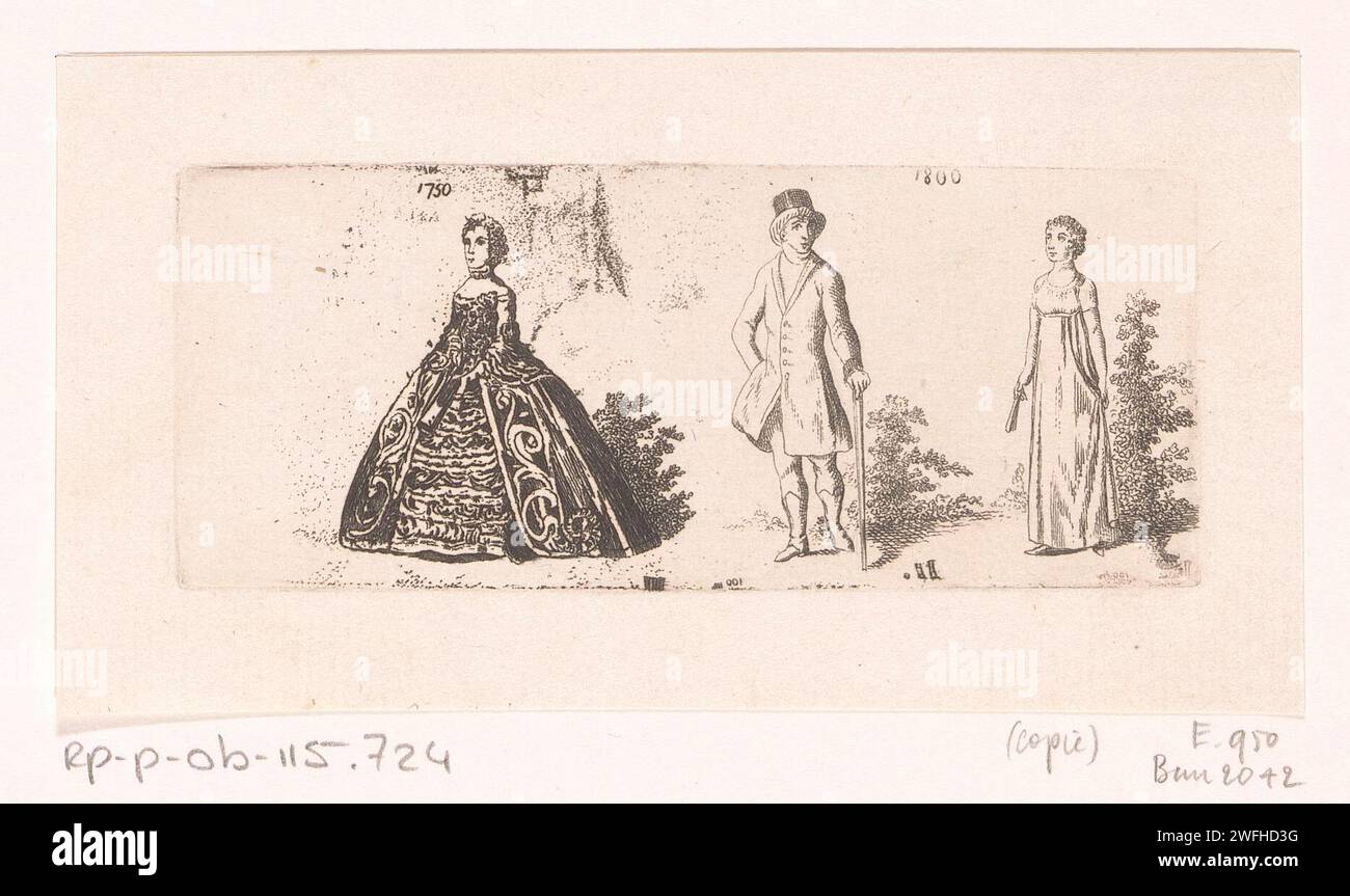 Drie Figuren in Mode uit 1750 EN 1800, Anonym, nach Daniel Nikolaus Chodowiecki, 1800 - 1857 Druck Berlin Papier ätzende Mode Stockfoto