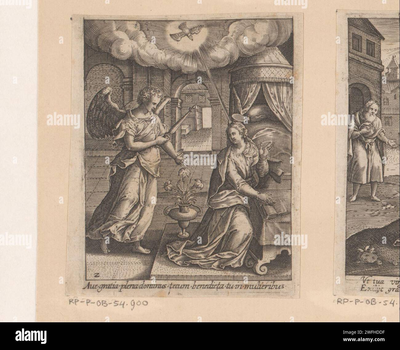 Annunciatie, Heinrich Ulrich, 1582 - 1671 Druck unten links: 2. Deutschland Gravur der Verkündigung: Maria, die normalerweise liest, wird vom Engel besucht (manchmal hört eine Frau das Gespräch) Stockfoto