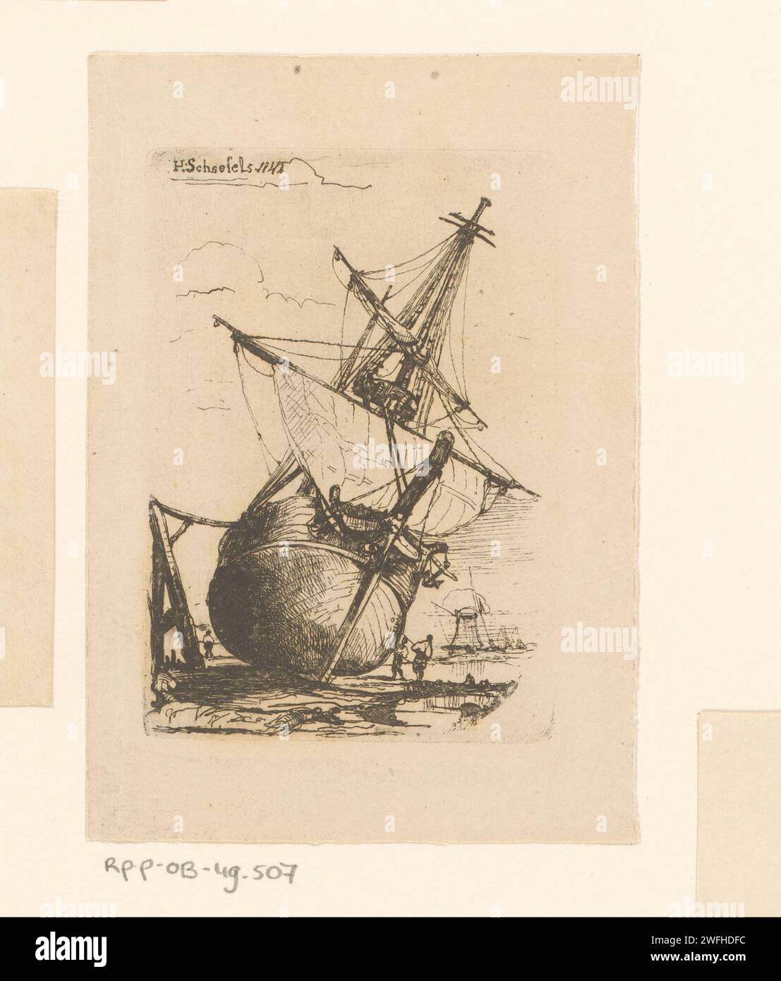 Außer für Wartung, Henri Francois Schaefels, 1842 Druckpapierätzschiffe, Boote an Land, am Strand. Reparatur, Verdichtung, Pflege ( Schiff) Stockfoto