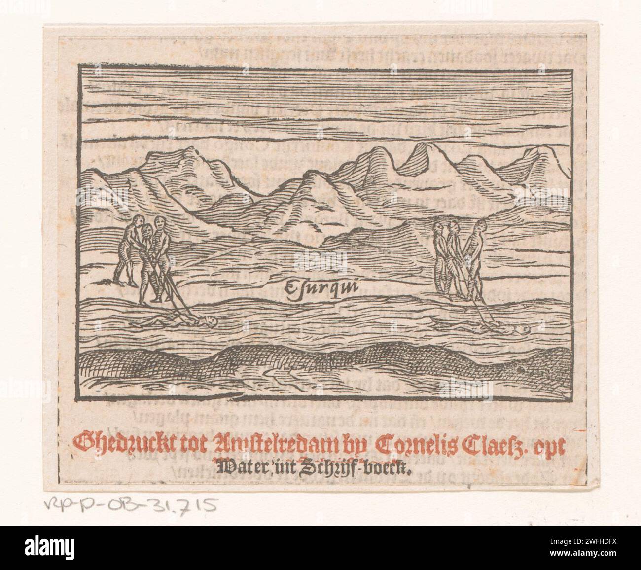 Landschaft mit Leichen aus dem Wasser gefischt, Anonym, 1582 - 1609 Druckerei: Netherlandspublisher: Amsterdam Papier Buchdruck Berge (+ Landschaft mit Figuren, Personal). Landschaften mit Wasser, Wasserlandschaften, Meereslandschaften (in der gemäßigten Zone). Die Leiche Stockfoto