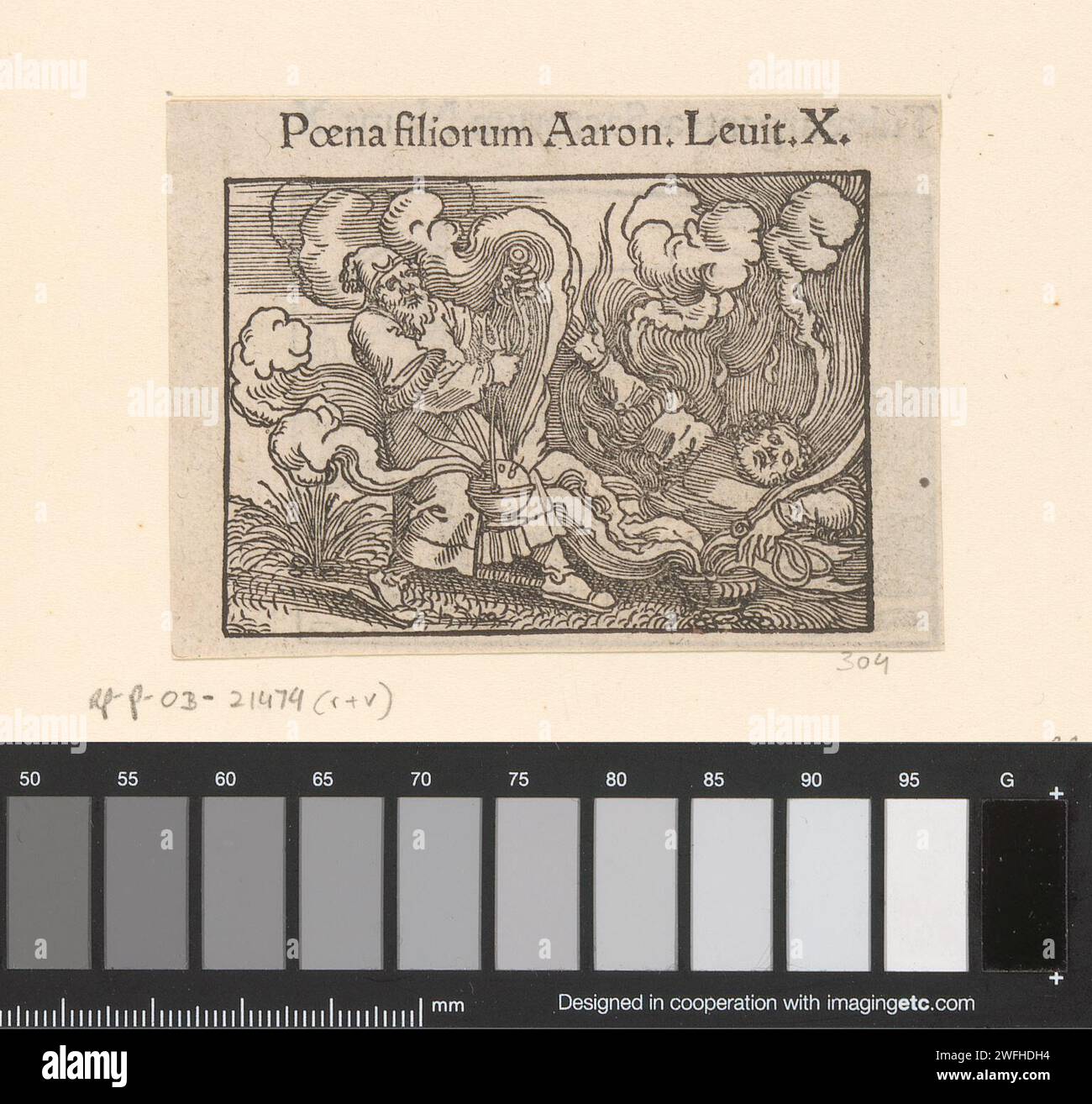 Nadab und Abihu werden durch Feuer getötet, Anonym, nachdem Hans Sebald Beham, 1530–1533 Druckpapier zwei Söhne Aarons, Nadab und Abihu, in ihren Räucherstämmen Gott Weihrauch darbringen, der sie dafür bestraft, indem er ein Feuer sendet, das sie tötet Stockfoto