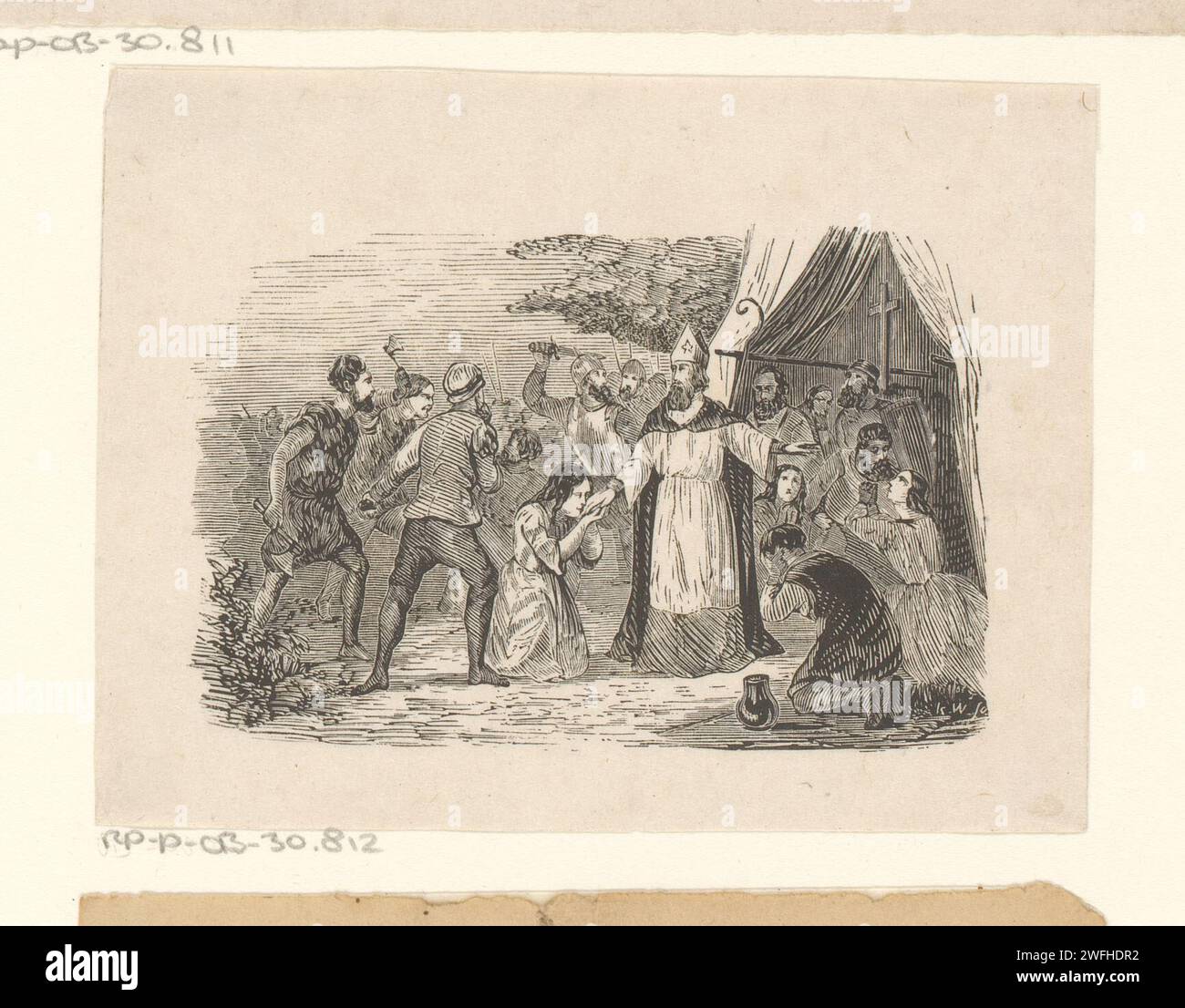 Bewaffnete Figuren kniend für eine Geistige mit einer Mitra, Isaac Weissenbruch, 1836 - 1912 Druck Niederlande Papier kniende Figur. Waffen Stockfoto