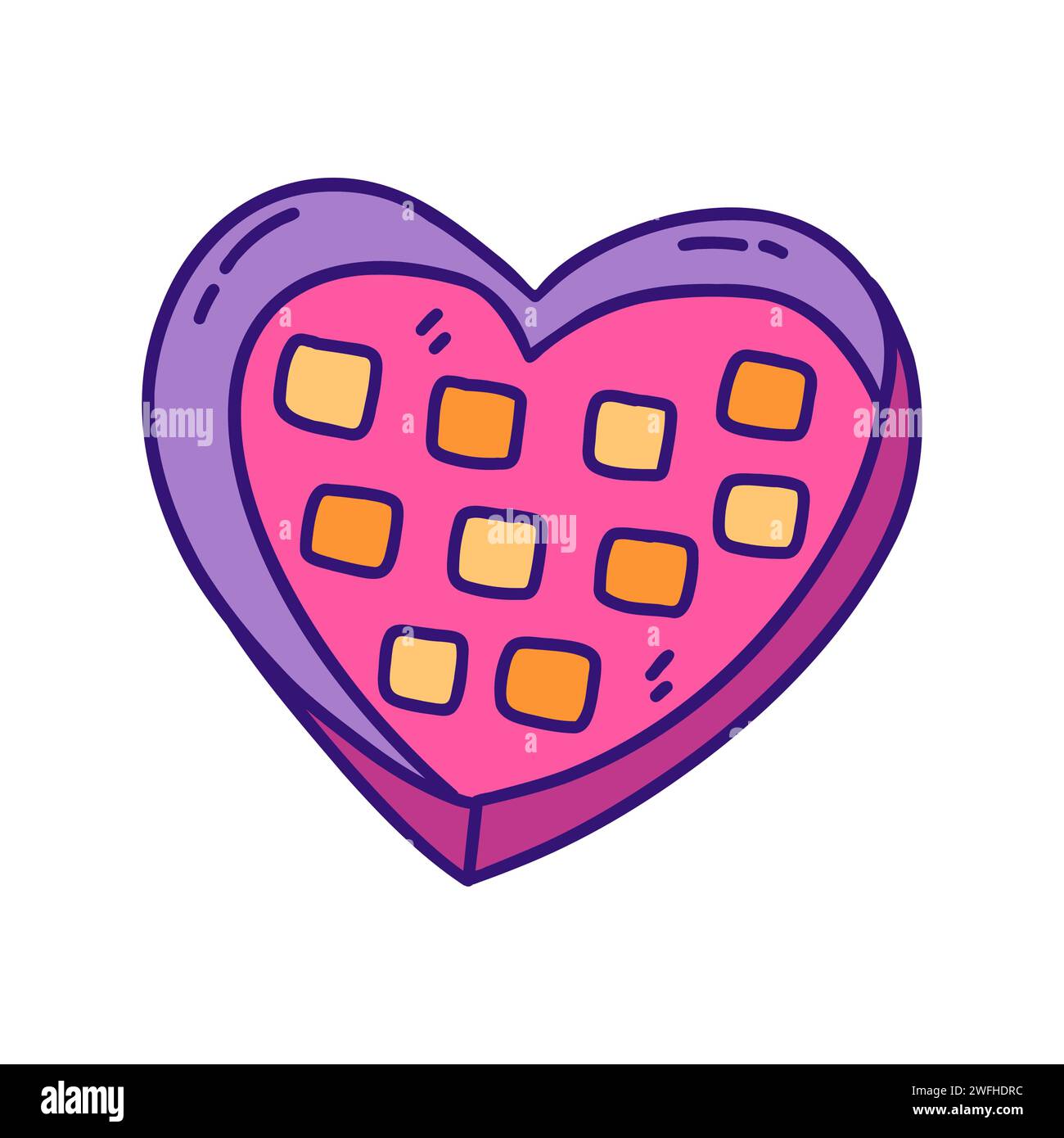 Bonbons in Kiste in Form eines Herzens. Süßes Geschenk zum Valentinstag, Schokoladengeschenk, Kompliment. Bunte Vektor isolierte Illustration Hand gezeichnet Kritzelei Stock Vektor