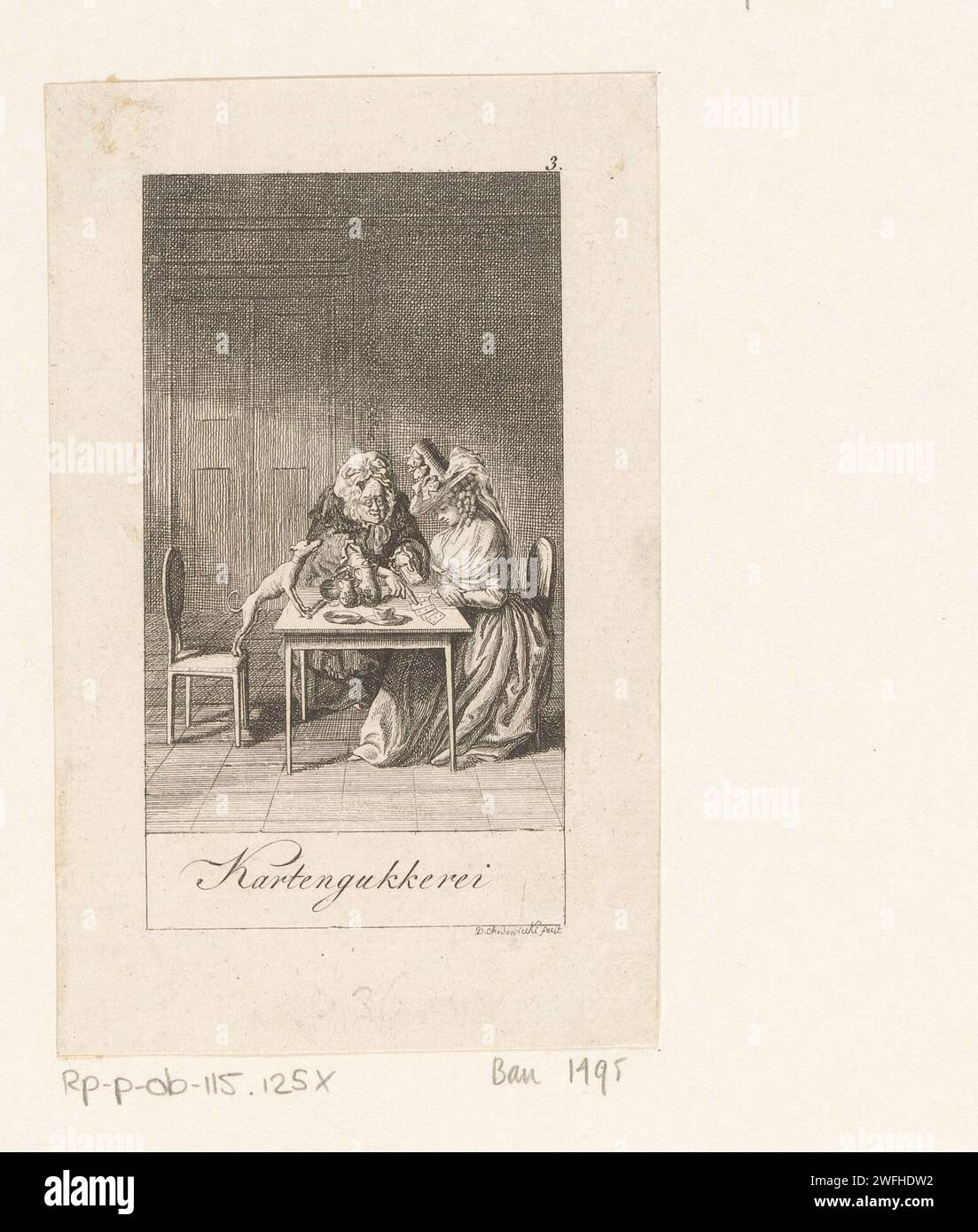 Kaartlegger, Daniel Nikolaus Chodowiecki, 1790, nummeriert oben rechts: 3. Mit Unterschrift auf Deutsch. Berliner Papierätztarot. Hässliche, alte Frau, verdammt. Jugendliche, junge Frau, Jungfrau Stockfoto