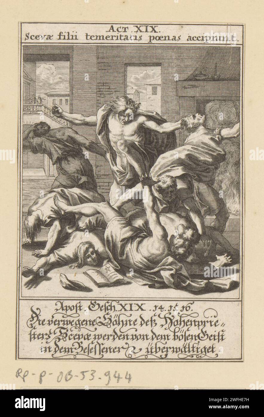 Söhne von Sceva überwältigt von einem besessenen Mann, Anonym, nach Johann Jakob von Sandrart, 1697 Druckpapier mit sieben Exorzisten, Söhne von Sceva, werden von einem Mann mit bösem Geist geschlagen und fliehen Stockfoto