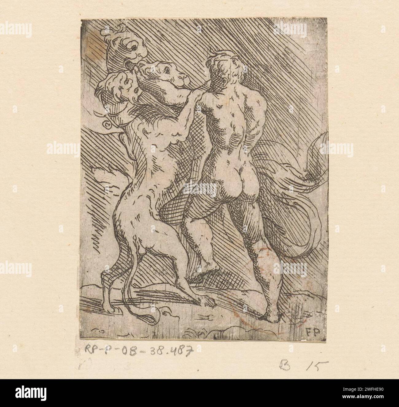 Herkules in einem Kampf mit Cerberus, Monogrammist FP (Italien; 16. Jahrhundert), um 1500 - um 1599 Druck Herkules in einem Kampf mit dem dreiköpfigen Hund Cerberus, der den Eintritt in die Unterwelt überwacht. Italien Papier, das Cerberus, den drei- oder mehrköpfigen Hund, ätzt; "Cerbero" (Ripa). Herkules begegnet verschiedenen Personen im Hades Stockfoto