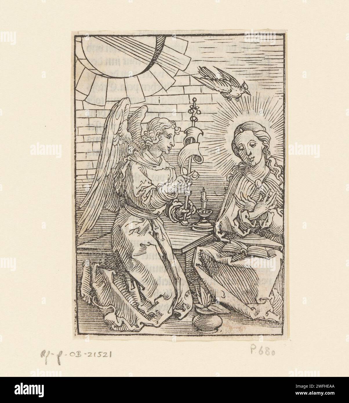 Annunciatie, anonym, nach Hans Sebald Beham, 1527 Druckpapier die Verkündigung: Maria, meist liest, wird vom Engel besucht (manchmal hört eine Frau das Gespräch) Stockfoto