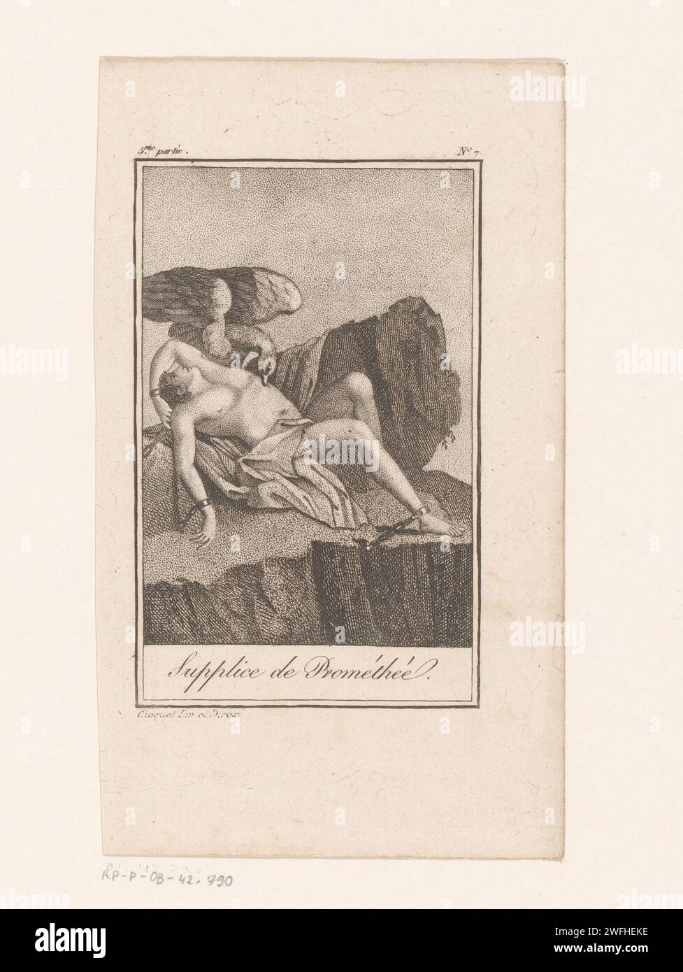 Folter of Prometheus, Unbekannt, nach Pierre Jean Baptiste Isidore Choquet, 1784–1824, Druck oben rechts Nr. 7. Frankreich Papier, das einen Adler in der Leber von Prometheus graviert Stockfoto