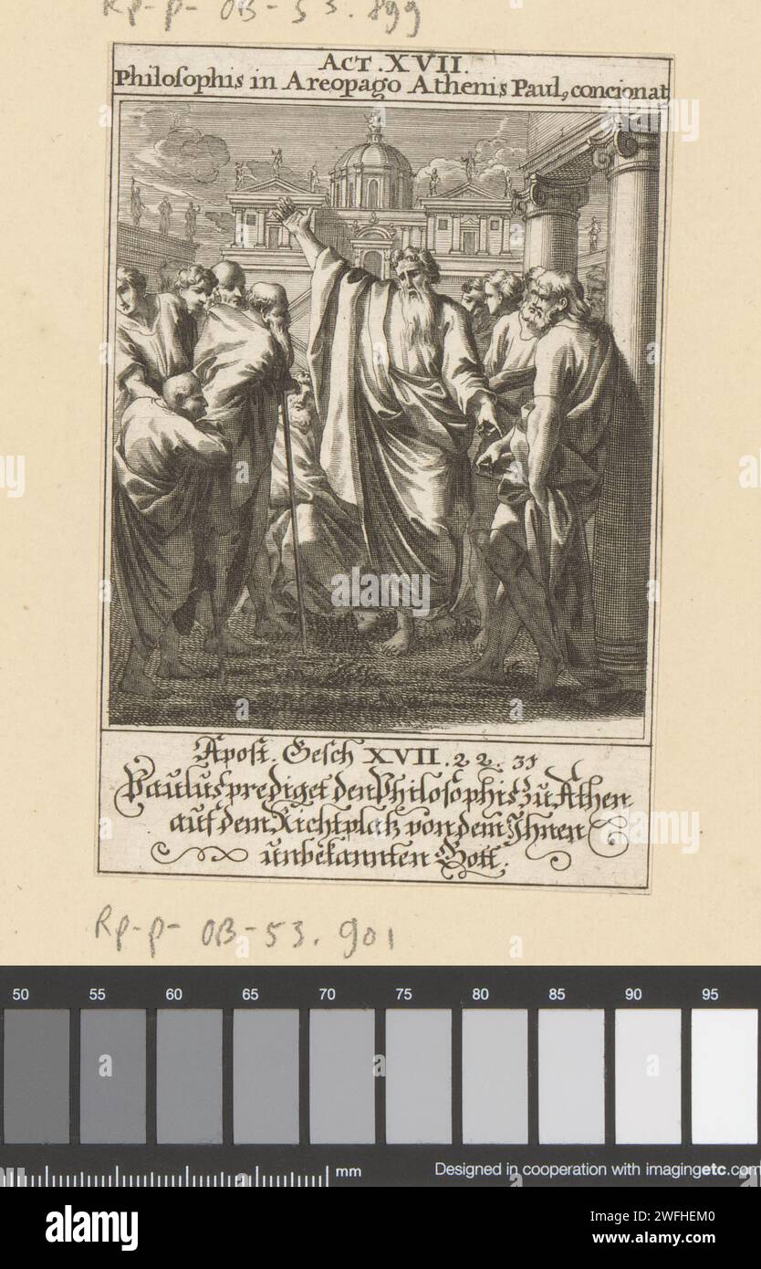 Apostel Paulus im Gespräch mit Philosophen über den Areopag in Athen, Anonym, nach Johann Jakob von Sandrart, 1697 Druckpapier, das Paulus in Athen ätzt: Über den Areopag spricht er mit Philosophen (vor dem Marstempel) Areopaag Stockfoto