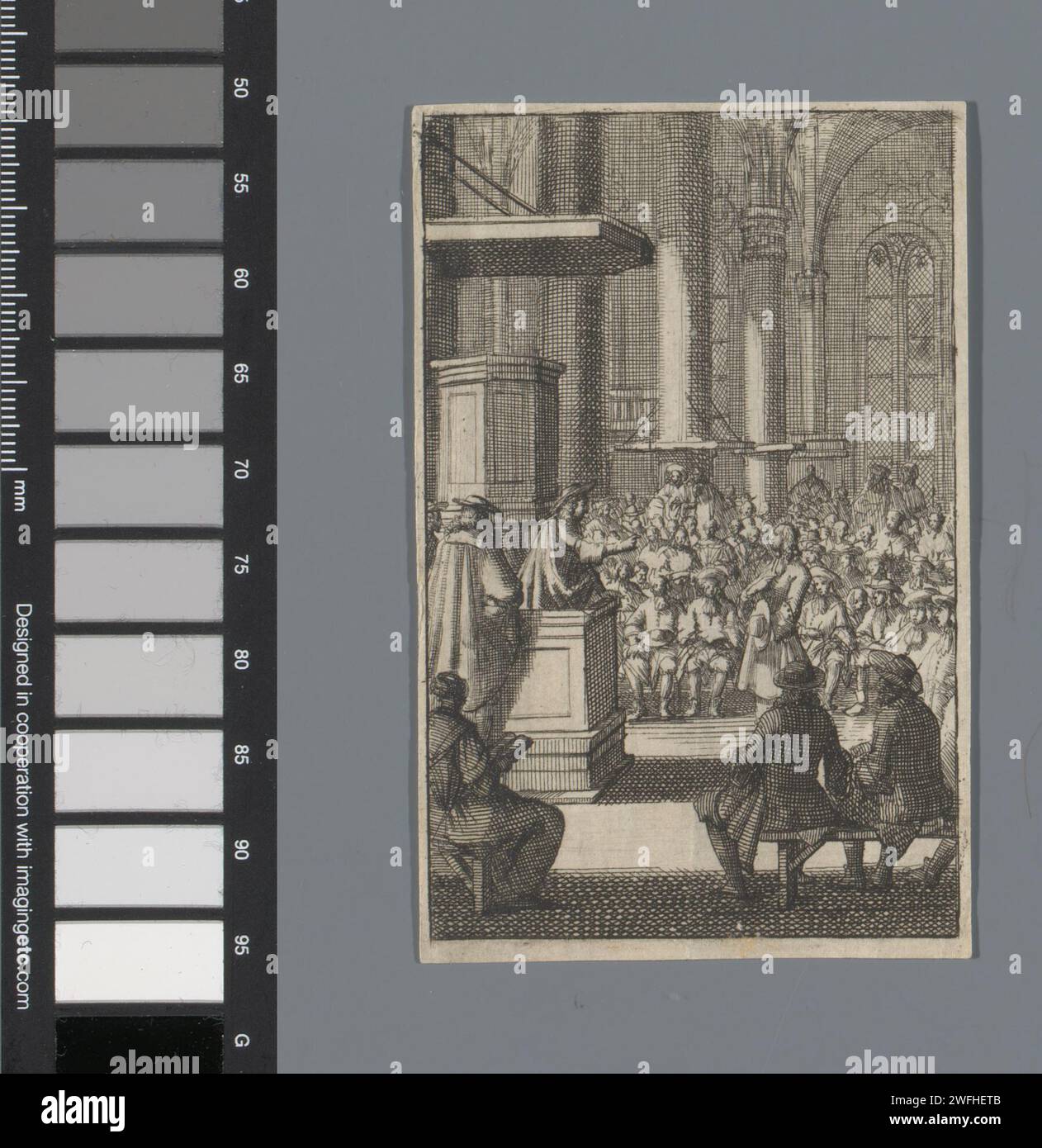Menge in einer Kirche, Jan Luyken, 1659 - 1712 Druckpapierätzung Stockfoto