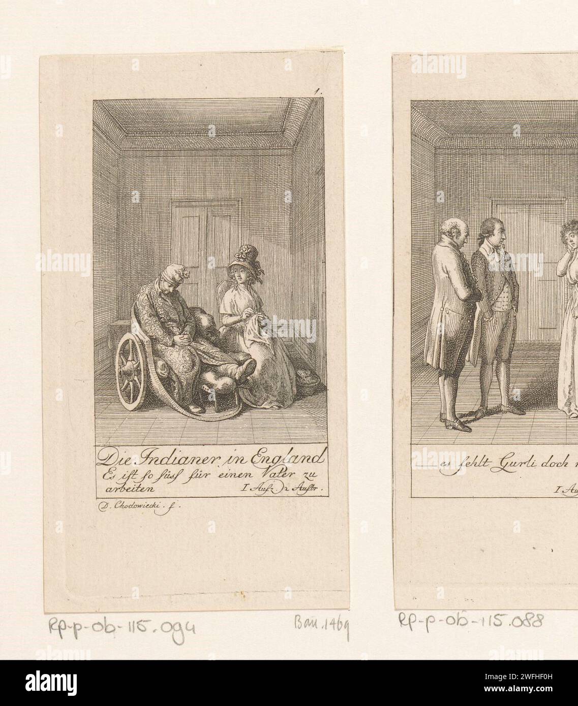 Liddy in Defek traf Sir John, Daniel Nikolaus Chodowiecki, 1790 Druck oben rechts nummeriert: 1. Mit Beschriftung und Seitenverweis in deutscher Sprache. Druckerei: Berlinpublisher: Lauenburg Paper Radiching Literature. Gespräch, Dialog; Gesprächsstück. Patient, kranker Mensch Stockfoto