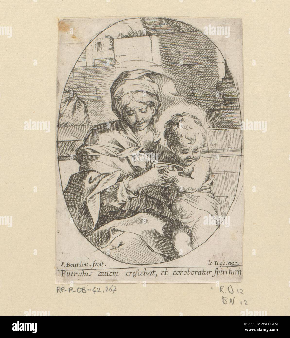 Maria Puts Kind, Sébastien Bourdon, 1658–1671 Druckpapier mit der Gravur Madonna: Maria stehend (oder halblang), Christkind nahe an ihrem Busen Stockfoto