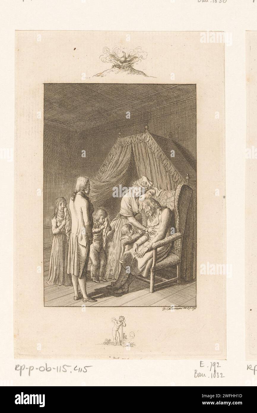 Tod in der Gesellschaft der liebevollen Familie Daniel Nikolaus Chodowiecki, 1795 Druck verschiedene Figuren sind skizziert in den Rand geätzt. Berlin-Papier, das friedliches Sterben, glücklicher Tod graviert. Familie, Beziehung, Abstammung. Weinen. Fabelhafte Tiere  Vögel: phoenix. Taschenlampe - BB - Taschenlampe auf dem Kopf gehalten Stockfoto