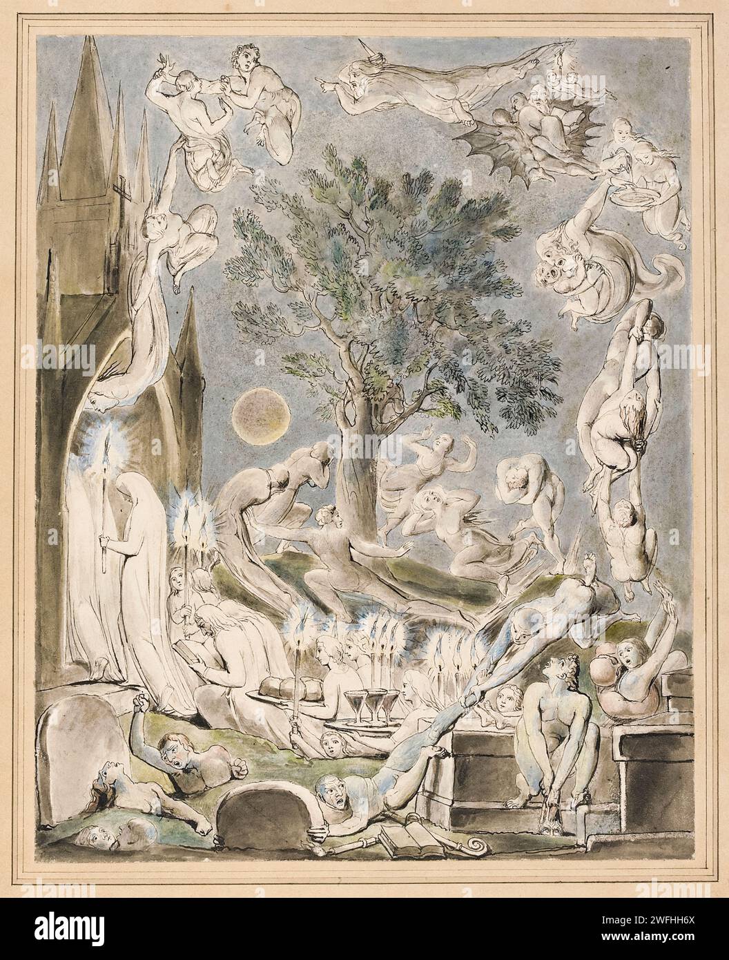 „The Gambols of Ghosts Looking with their Affections before the Final Judge“ 1805 Aquarell von William Blake (1757–1827), der von Robert Cromek (1770–1812) beauftragt wurde, um seine 1808 veröffentlichte Ausgabe von „The Grave“ des Dichters Robert Blair zu illustrieren. Stockfoto