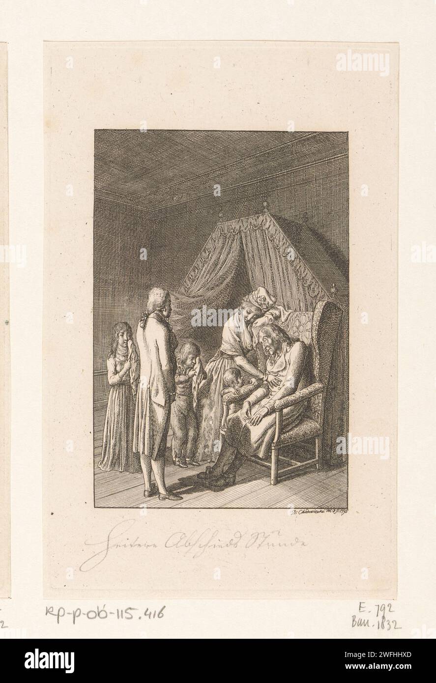 Tod in Gesellschaft der liebevollen Familie, Daniel Nikolaus Chodowiecki, 1795 Druck Berliner Papier ätzend Weinen. Familie, Beziehung, Abstammung. Friedliches Sterben, glücklicher Tod Stockfoto