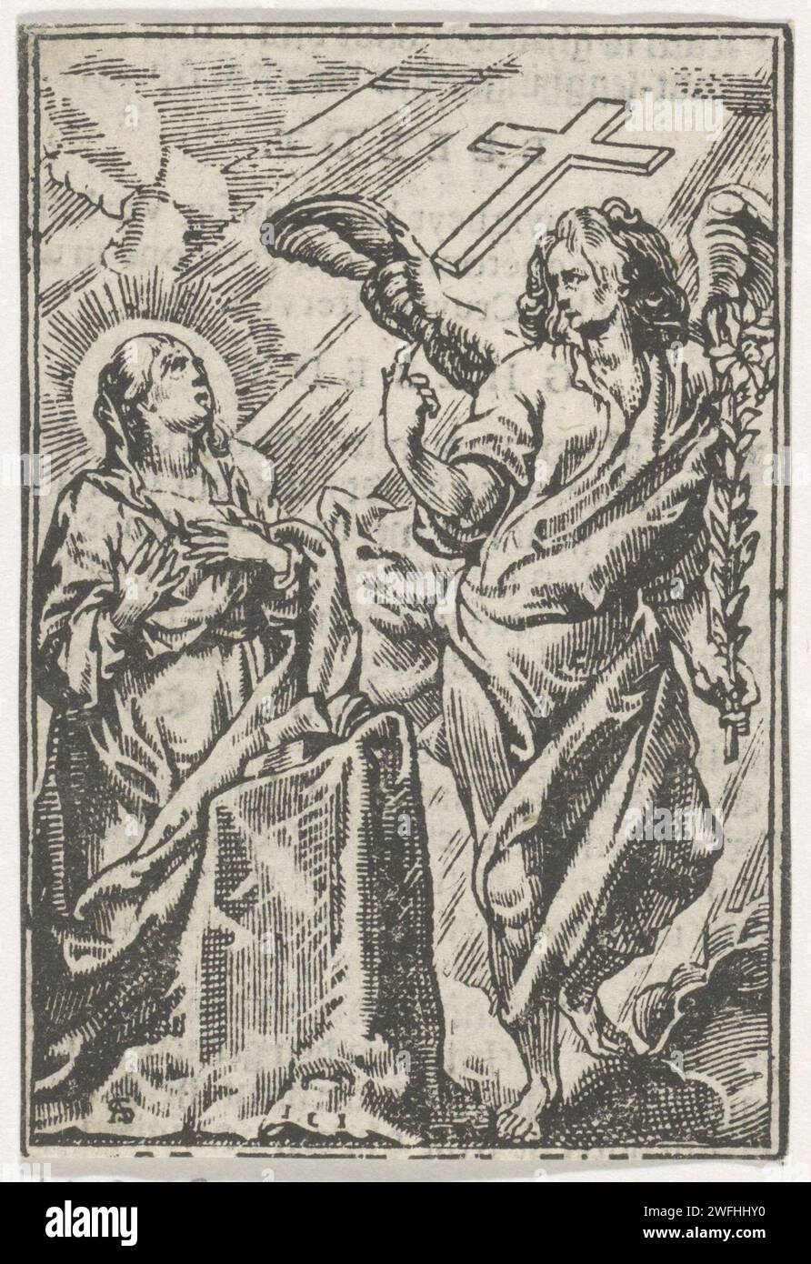 Verkündigung, Jan Christoffel Jegher, nach Antoine Sallaert, 1649 Druck der Engel Gabriel kündigt Maria an, dass sie schwanger wird. Maria kniet mit einem Schreibtisch, auf dem ein offenes Buch liegt. Antwerpener Buchdruck der Verkündigung: Maria, die normalerweise liest, wird vom Engel besucht (manchmal hört eine Frau das Gespräch) Stockfoto