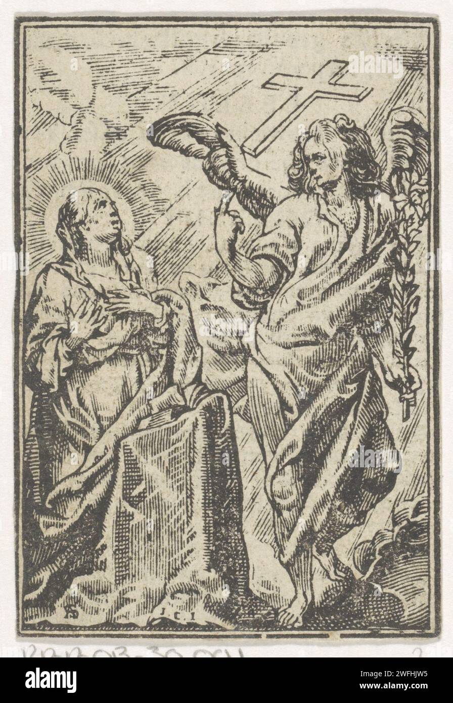 Verkündigung, Jan Christoffel Jegher, nach Antoine Sallaert, 1649 Druck der Engel Gabriel kündigt Maria an, dass sie schwanger wird. Maria kniet mit einem Schreibtisch, auf dem ein offenes Buch liegt. Antwerpener Buchdruck der Verkündigung: Maria, die normalerweise liest, wird vom Engel besucht (manchmal hört eine Frau das Gespräch) Stockfoto