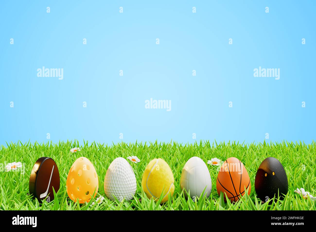 Sportbälle in Form eines Ostereiers auf einer Wiese im Gras. 3D-Rendering Stockfoto