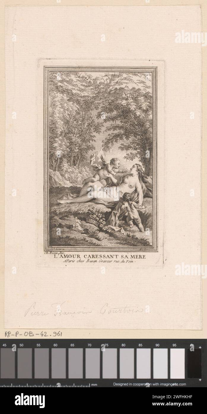 Landschaft mit einer liegenden Venus und zwei Putten, Pierre Francois Courtois, nach Charles Joseph Dominique Eisen, 1746–1763 Druck Paris Papier graviert Cupiden: 'amores', 'amoretti', 'Putti'. (Geschichte) Venus (Aphrodite) Stockfoto