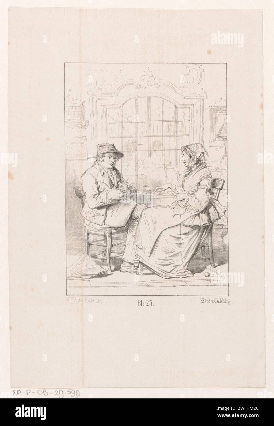 Zwei Leute am Tisch, Herman Frederik Carel Ten Kate, 1847 - 1865 drucken Einen Mann und eine Frau am Tisch vor einem Fenster. In der Mitte des nummerierten bl. 27. Das Haager Papier Gespräch, Dialog; Gesprächsstück Stockfoto