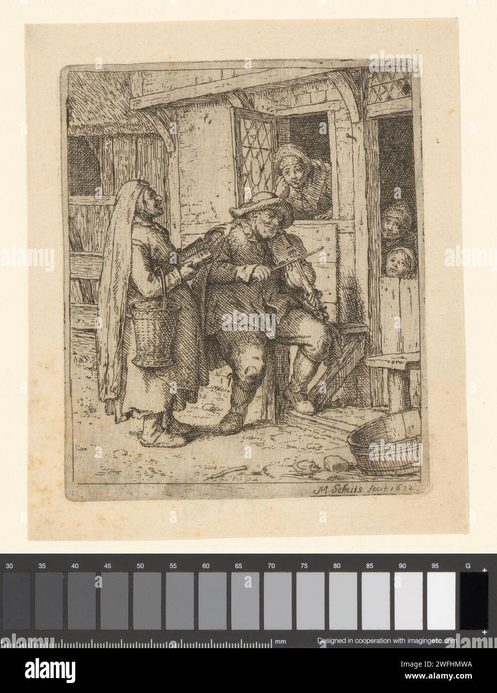 Geigenspieler und Sänger Matthias Scheits, 1672 Druckpapier, das eine Person, die ein Streichinstrument spielt, graviert. Landwirte. Musiker, die Sänger begleiten Stockfoto