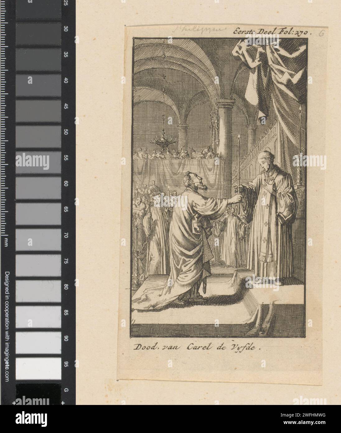 Tod von Karel de Fifth, Jan Luyken, 1659 - 1712 Druckpapierätzung Stockfoto
