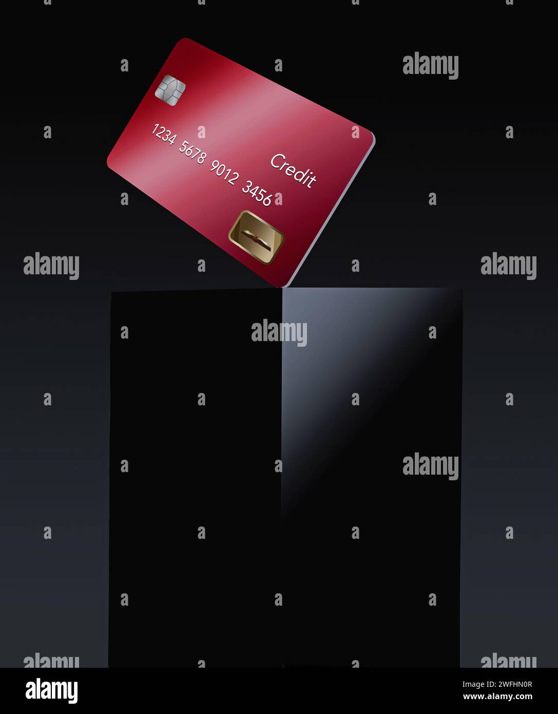 Eine rote Kredit- oder Debitkarte ist auf einem schwarzen Feld in einer 3D-Abbildung zu sehen. Stockfoto