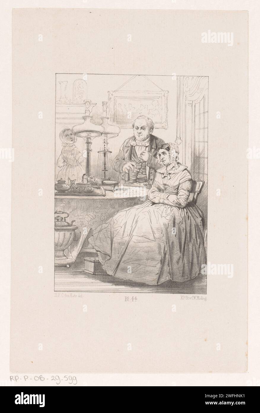 Zwei Personen am Tisch, Herman Frederik Carel Ten Kate, 1847 - 1865 drucken Ein Mann sitzt neben seiner Frau und sitzt an einem Tisch mit zwei Lampen. In der Mitte des nummerierten bl. 44. Das Haager Papier Gespräch, Dialog; Gesprächsstück Stockfoto