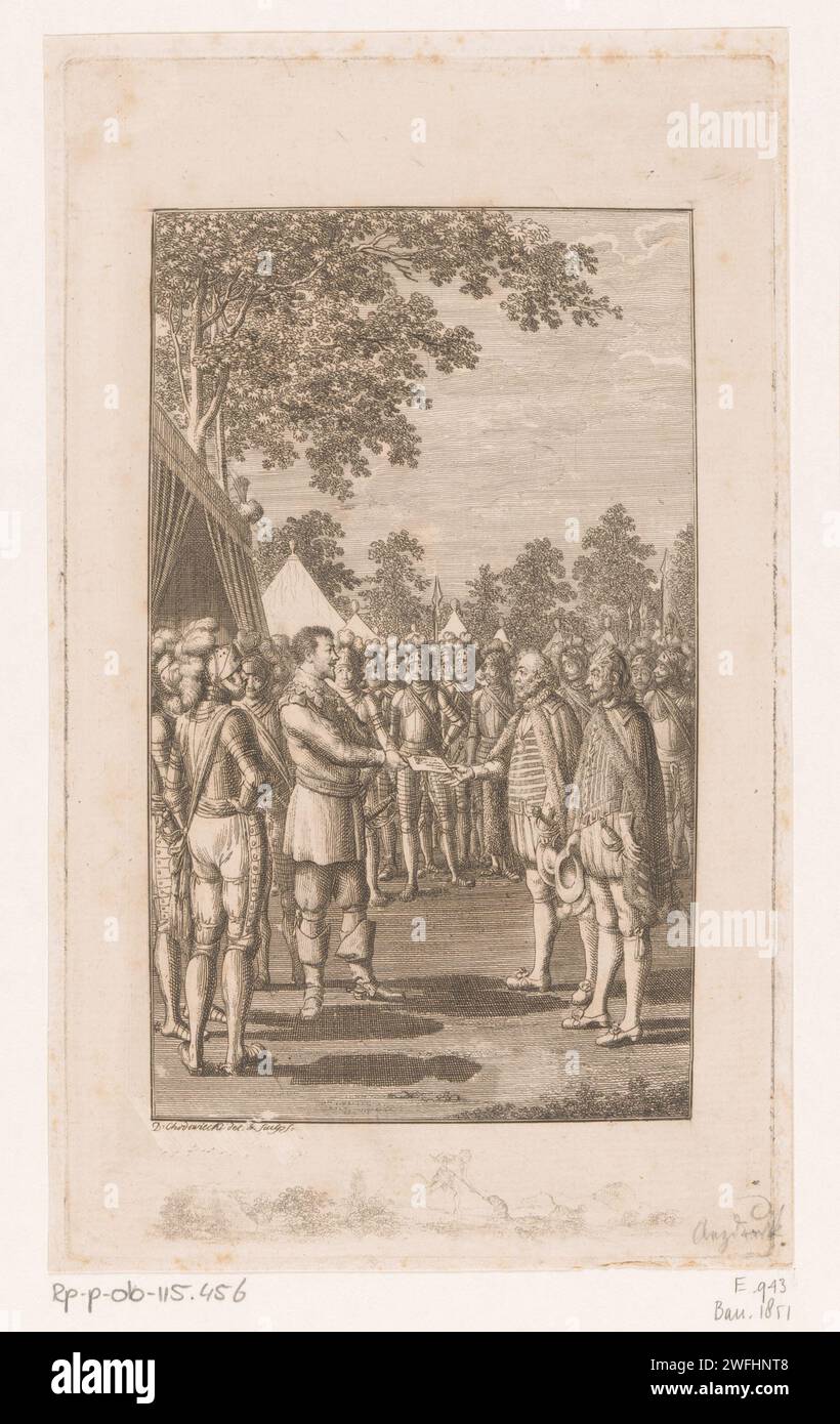 Ferdinand II. Erhält Albrecht van Wallensteins Dokument Daniel Nikolaus Chodowiecki, 1800 Druck in den Rand, eine Jagdfigur ist skizziert eingeätzt. Berliner Papierätzgeschichte. (Militär-)Lager mit Zelten. Herrscher, souverän. Letter, Umschlag Stockfoto