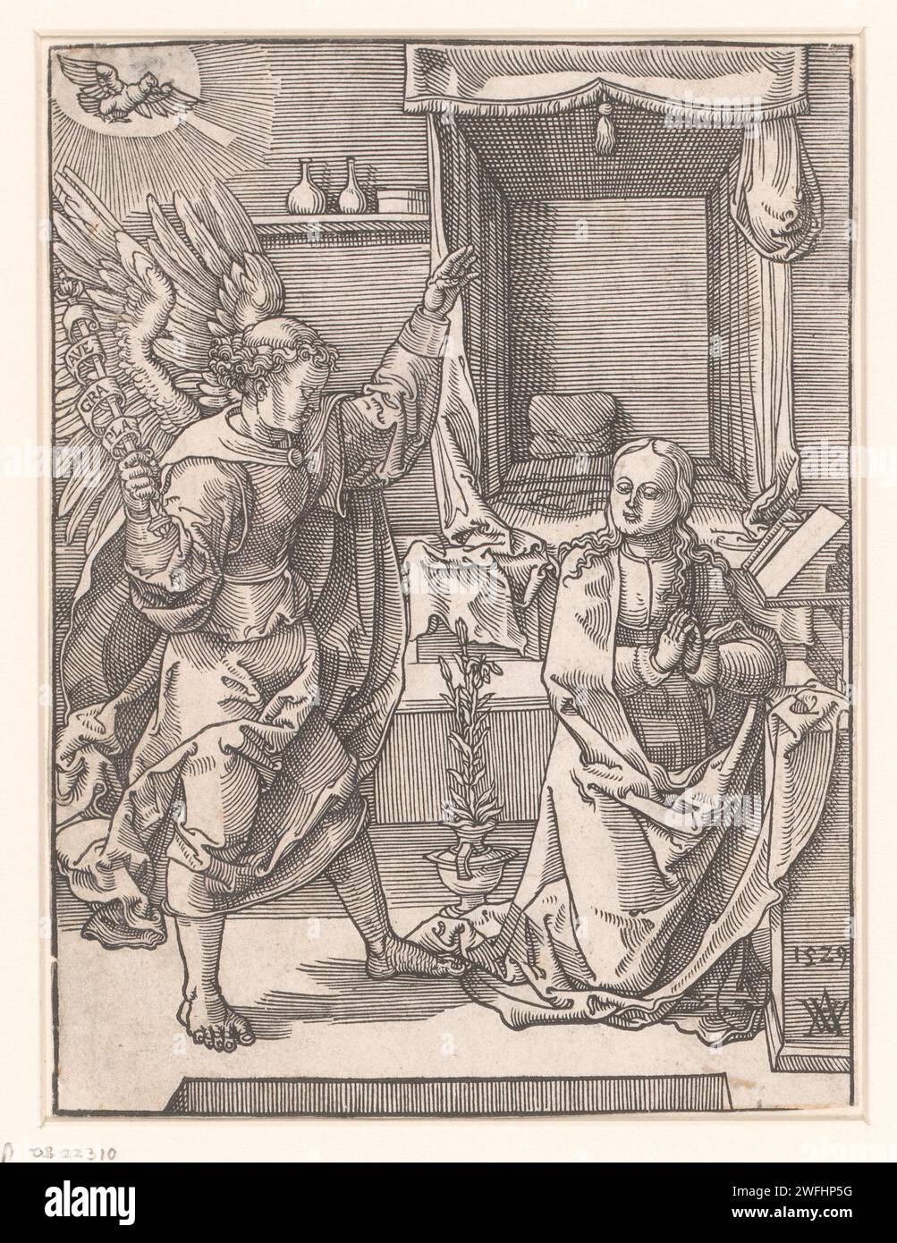 Annunciatie, Anonym, Anton von Woensam, 1529 Printpapier die Verkündigung: Maria, meist liest, wird vom Engel besucht (manchmal hört eine Frau das Gespräch) Stockfoto